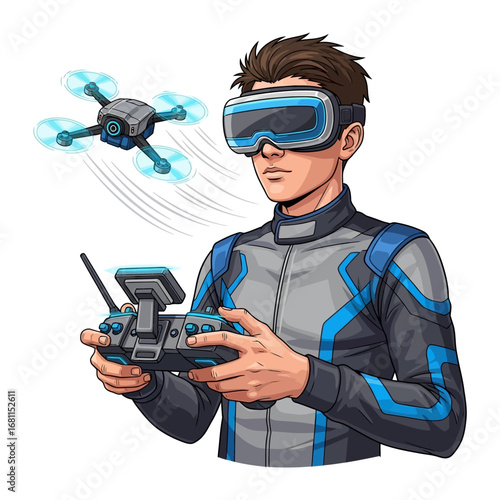 Pilot and Drone Control: A skilled pilot, immersed in the experience with VR headset, confidently controls a drone, expertly navigating its aerial path.