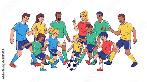 Teamwork in Action: A vibrant illustration captures a diverse group of people enthusiastically engaged in a lively football match, exuding energy and teamwork. 