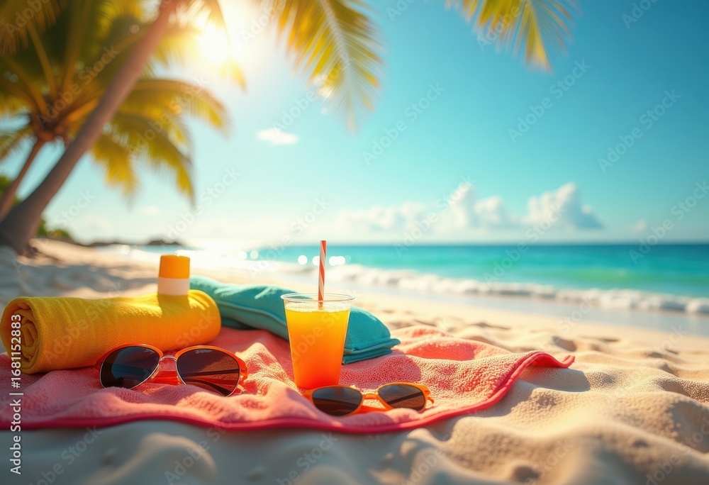 Fototapeta premium stunning tropical beach essentials laid out soft sand featuring colorful refreshing drinks, sunglasses, sunscreen, refreshment, relaxation, holiday