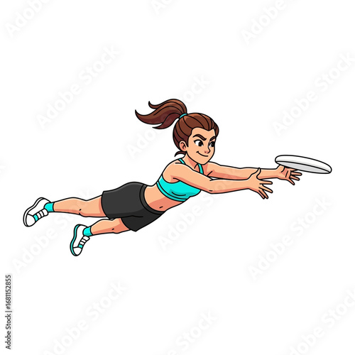 Frisbee Dive: A dynamic female athlete gracefully leaps to catch a frisbee in mid-air, showcasing athleticism, focus, and the thrill of the game.