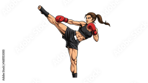 Energetic Martial Arts Display: A dynamic illustration showcases a focused and empowered female athlete executing a high kick with precision and power, highlighting determination.
