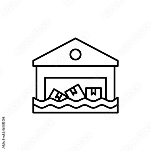 Flooded warehouse disaster with floating cardboard boxes suitable for illustrating natural disasters, floods, warehouse accidents, or emergency preparedness.