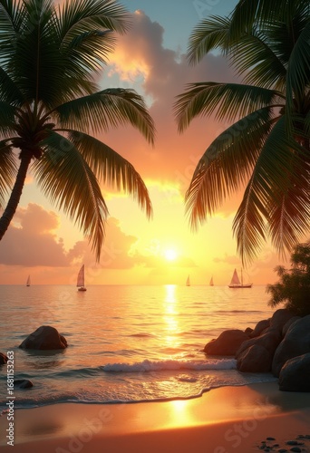 lush palm trees framing tranquil beach sunset relaxing tropical paradise scenic view, ocean, shore, landscape, sea, water, clouds, horizon, coast, island