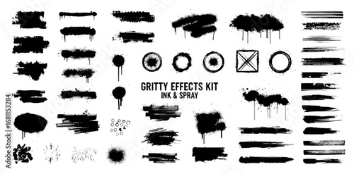 Decoration grunge, graphic pack - graffiti spray, brush strokes, highlighters, rectangle grunge shapes for text with splash. Dirty decoration grunge box with paint stroke, spray clouds. Vector set