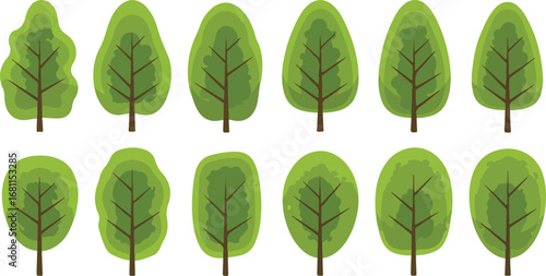 Collection of miniature green trees on white background