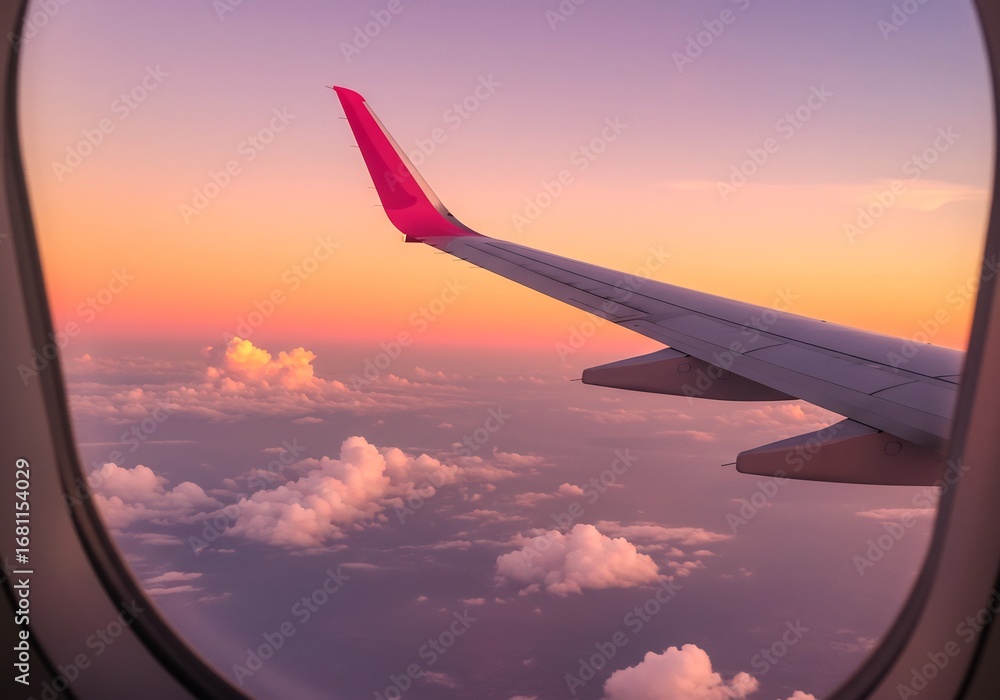 Obraz premium 夕焼け空を飛ぶ飛行機の翼と雲景色写真
