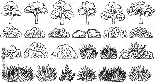Collection of hand drawn black and white trees and bushes in various styles