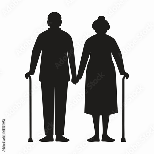 Elderly couple holding hands with canes silhouette