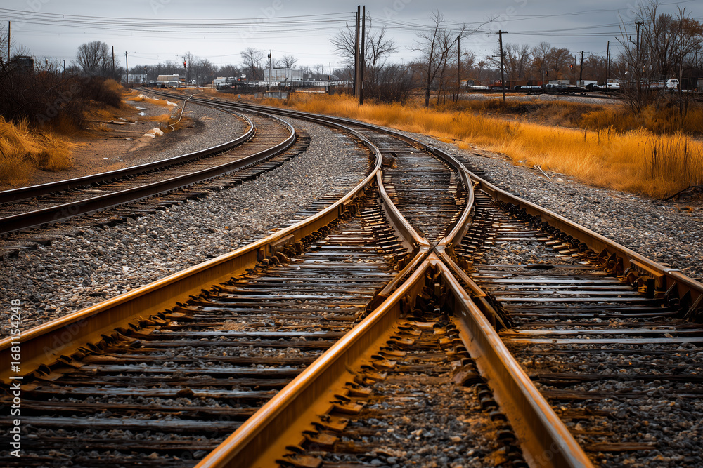 Fototapeta premium The railway tracks are curved and diverged