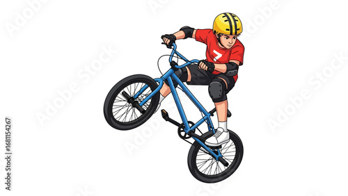 Dynamic BMX Stunt: A determined cyclist balances on one wheel, skillfully performing a thrilling stunt on their BMX bike against a crisp background, capturing a moment of action.