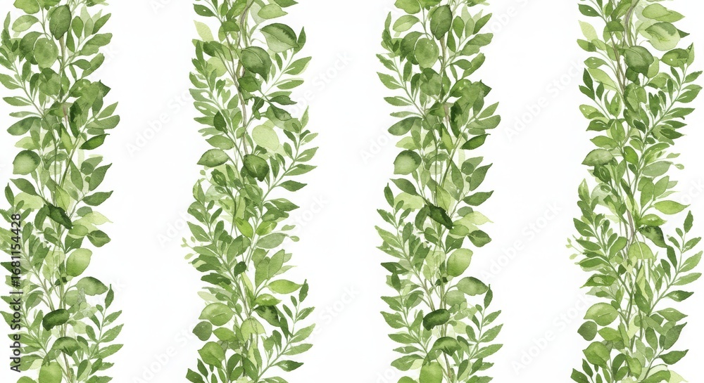 Obraz premium A repeating pattern of four vertical green stripes, each richly decorated with dense overlapping leaves in various shades of green. The design creates a lush, natural look, ideal for wallpapers