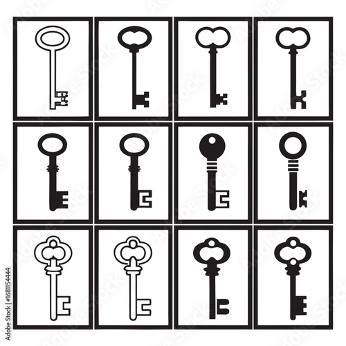 Twelve Vintage Skeleton Keys in Black and White Silhouettes