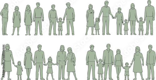 Collection of stylized line art figures of families and individuals