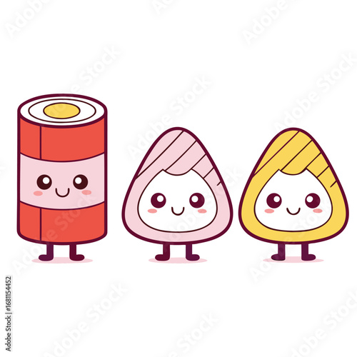 Three Cute Kawaii Sushi and Food Characters onigiri