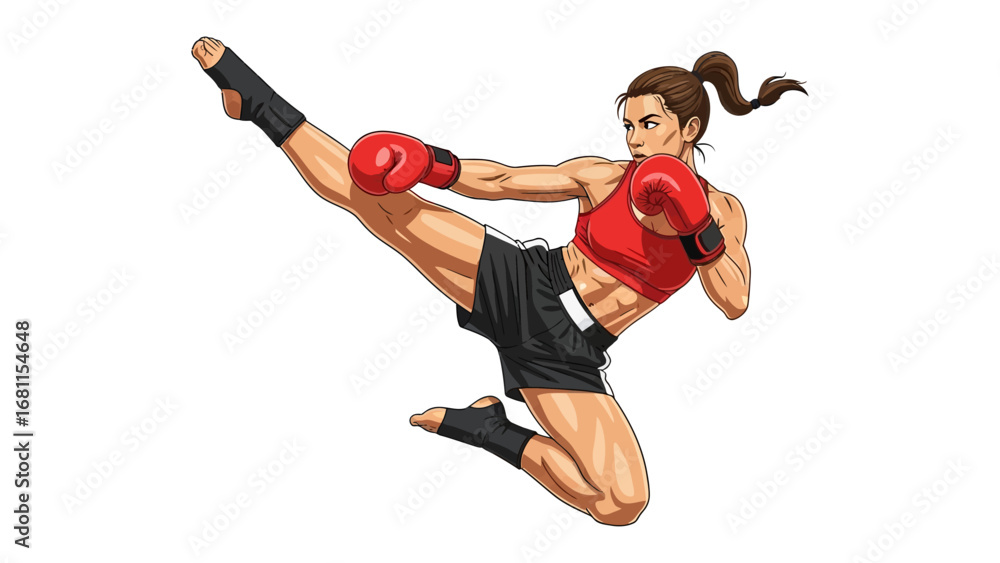 Fototapeta premium Dynamism in Motion: A dynamic illustration captures the strength and agility of a female martial artist executing a powerful kick, showcasing determination and skill in the realm of combat sports.