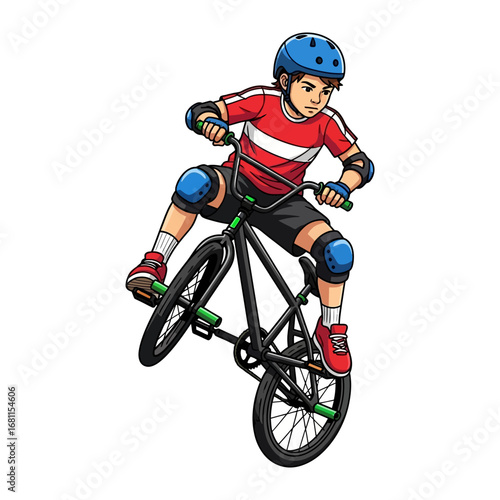 BMX Bike Rider: A young person executes a skillful stunt on a BMX bike, wearing protective gear, perfect for illustrating the essence of youthful adventures and outdoor activities.