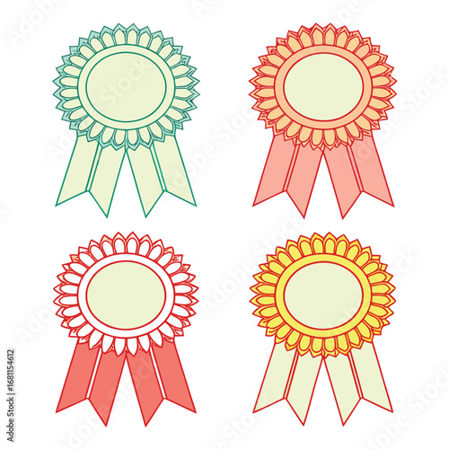 Four decorative award ribbons in pastel colors rosette
