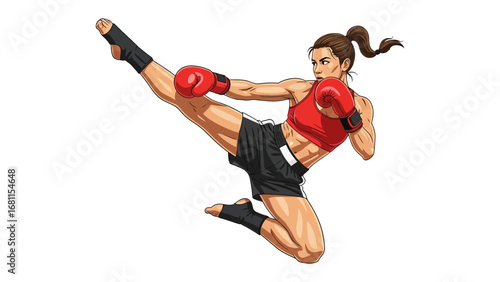 Dynamism in Motion: A dynamic illustration captures the strength and agility of a female martial artist executing a powerful kick, showcasing determination and skill in the realm of combat sports.