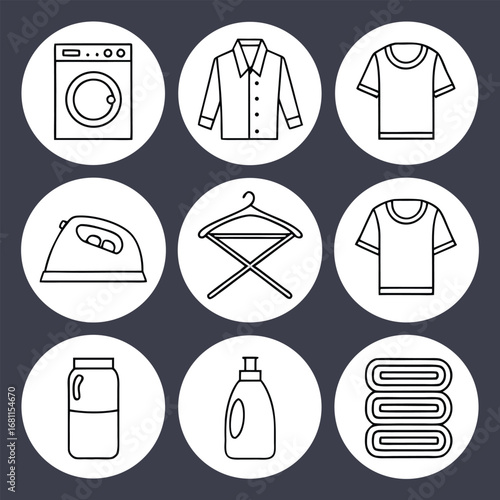 Laundry and cleaning service icons in circles washing machine