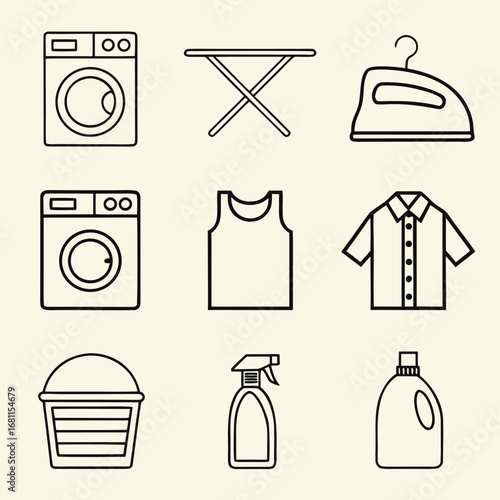 Laundry room icons with washing machine and ironing board