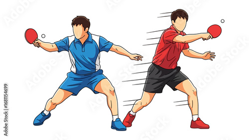 Ping Pong Duel: Capturing the dynamic intensity of a table tennis match between two skilled players, poised to strike, ball mid-air in an artistic display of speed and precision.