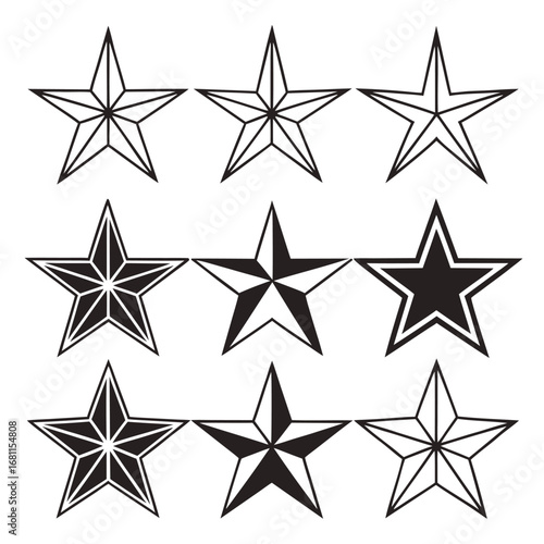 Nine star icons with varying styles and fills stars