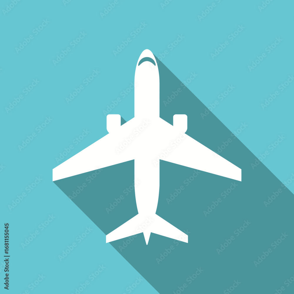 Fototapeta premium White airplane icon, overhead view, long shadow, teal background.