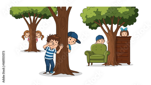 Hide-and-Seek Adventure: A whimsical scene captures the playful essence of childhood, with children engaging in a lively game of hide-and-seek amidst the embrace of nature and home.