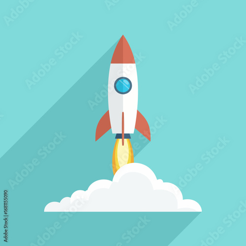 A stylized rocket launching upward, leaving a cloud of smoke below.