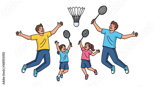 Badminton Joy: An illustration of a family of four engaging in a lively badminton match, embodying the spirit of recreational fun.
