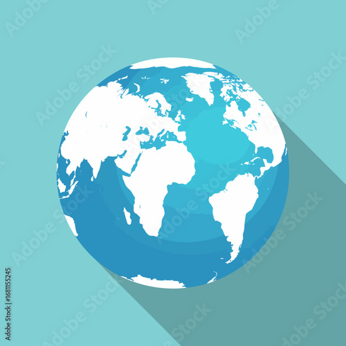 Simple blue globe illustration, world map, continents, earth, graphic design.