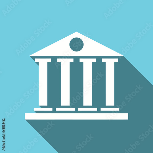 Simple white icon depicting a classical building with columns, against a light blue background.