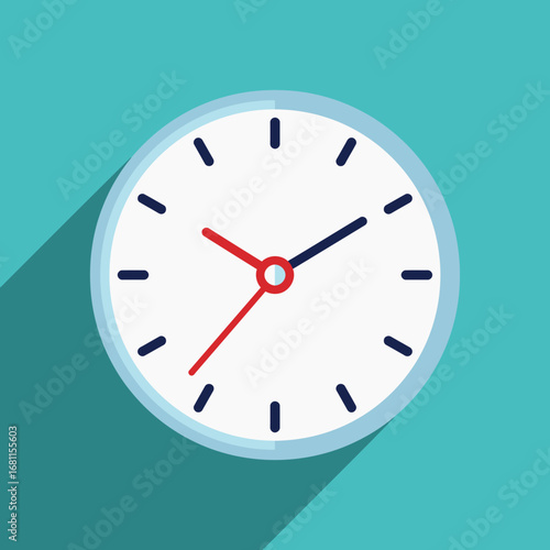 Simple analog clock face showing the time,  a minimalist design against a teal background.