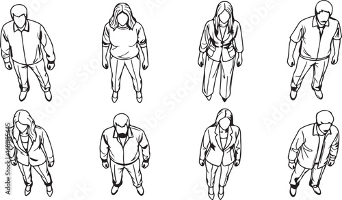Collection of eight hand drawn figures from a top down perspective
