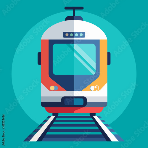 Modern train approaching on railway tracks, flat design illustration.