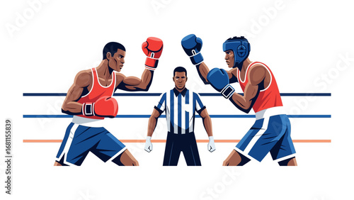 Dynamic Boxing Match: An illustration capturing the intensity of a boxing match, with two athletes engaged in a thrilling exchange, under the watchful gaze of the referee. Evoking strength, strategy.