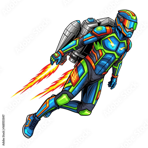 Soaring into the Future: An astronaut, equipped with a powerful jetpack, navigates the sky with dynamic elegance, set against a clear and vibrant backdrop.