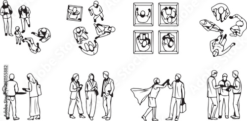 Collection of abstract line drawings of people interacting and viewing art