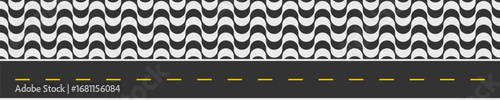 Road and sidewalk with Copacabana print. Repeating black and white waving texture in Portuguese pavement style. Fragment of the famous beach promenade in Rio de Janeiro. Vector graphic illustration.