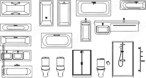 Collection of bathroom fixtures and furniture line art illustrations