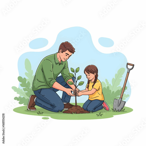 Parent teaching child to plant a tree, semi-realistic vector illustration of family environmental activity, EPS 10