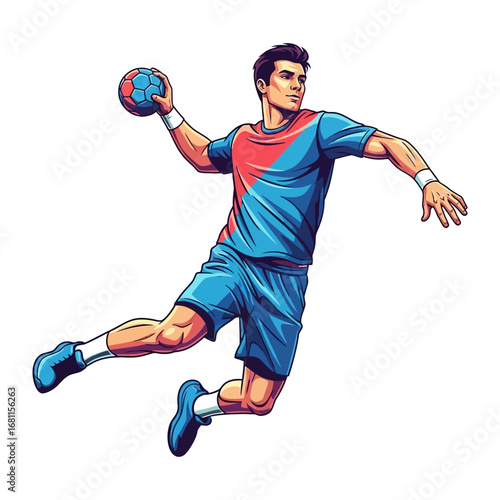 Handball Player in Action: A dynamic depiction of a handball player suspended mid-air, poised to throw the ball. Focus is on movement, agility and athleticism.