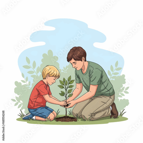 Parent teaching child to plant a tree, semi-realistic vector illustration of family environmental activity, EPS 10