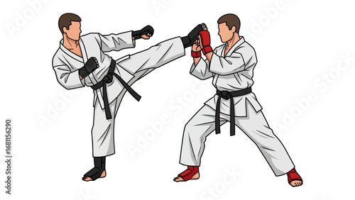 Karate practice illustration: Depicting a dynamic Karate session, an illustration showcases two figures engaged in a sparring match, illustrating the discipline of martial arts with energetic poses.