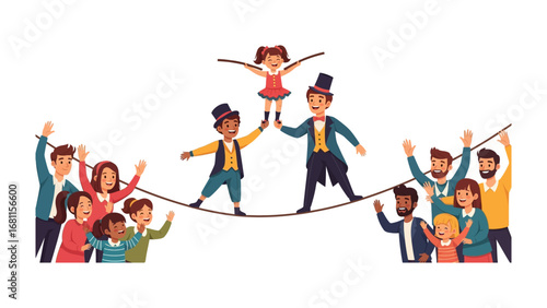 Circus Spectacle: A captivating circus performance, showcasing daring acrobatics on a tightrope with the cheerful audience.