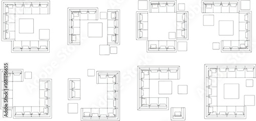 Abstract architectural sketch of building facades and interior layouts