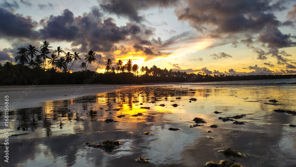 Fototapeta premium Palm trees silhouette against the sunset sky at Bainema Beach, Boipeba Island, Bahia, Brazil.