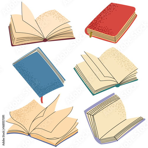 Set of colorful open and closed books in flat style. Collection of colorful books in flat design, showing open and closed variations, perfect for education, learning or digital illustrations.