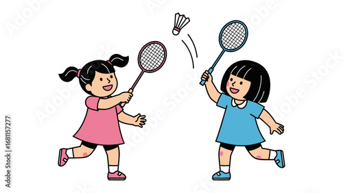 Children's Badminton Play: Two cheerful children engage in a spirited game of badminton, their rackets poised as they aim for the shuttlecock in a delightful display of youthful energy.