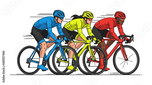 Cycle Race: An energetic cycle race scene featuring three focused cyclists, vividly illustrating the passion and competition in the world of cycling.